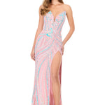 Woman wearing a pink and blue patterned evening gown on a white background
