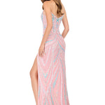 Pink evening gown with blue accents on a white background