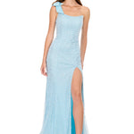 A model wearing a light blue one-shoulder evening gown with a thigh-high slit, heavily embellished with sequins, set against a plain white background.