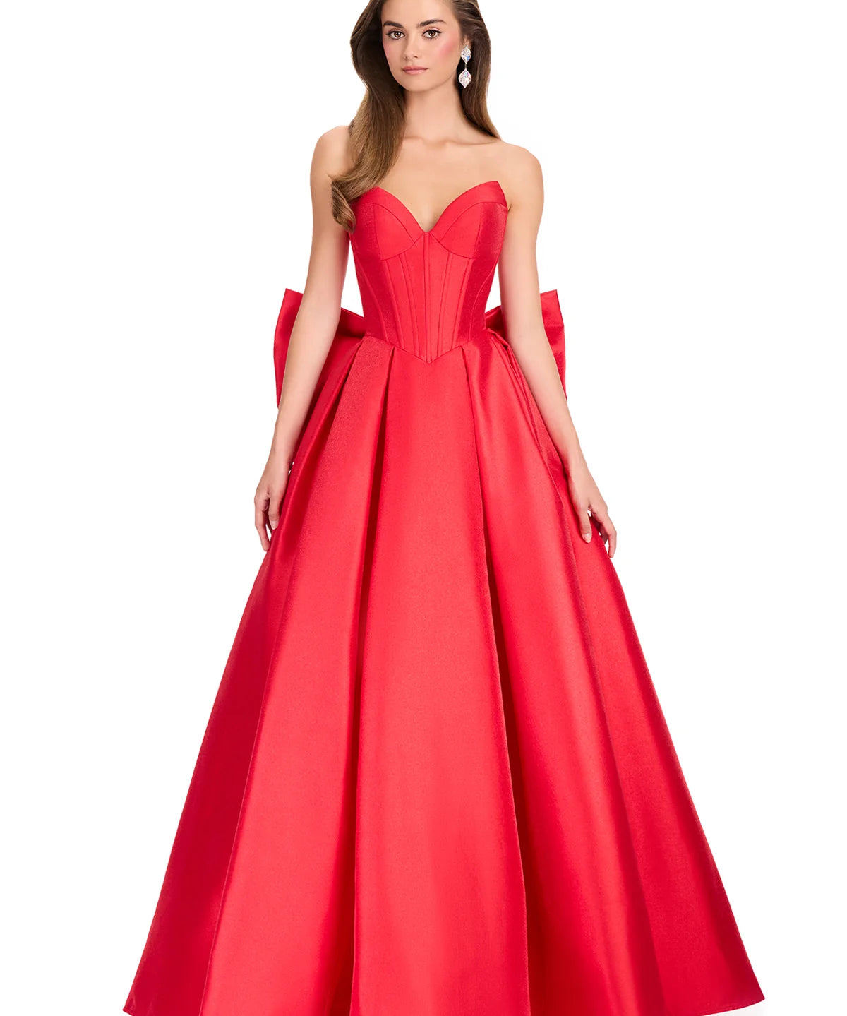 Red strapless gown on a white background