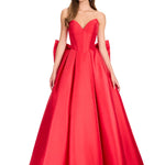 Red strapless gown on a white background
