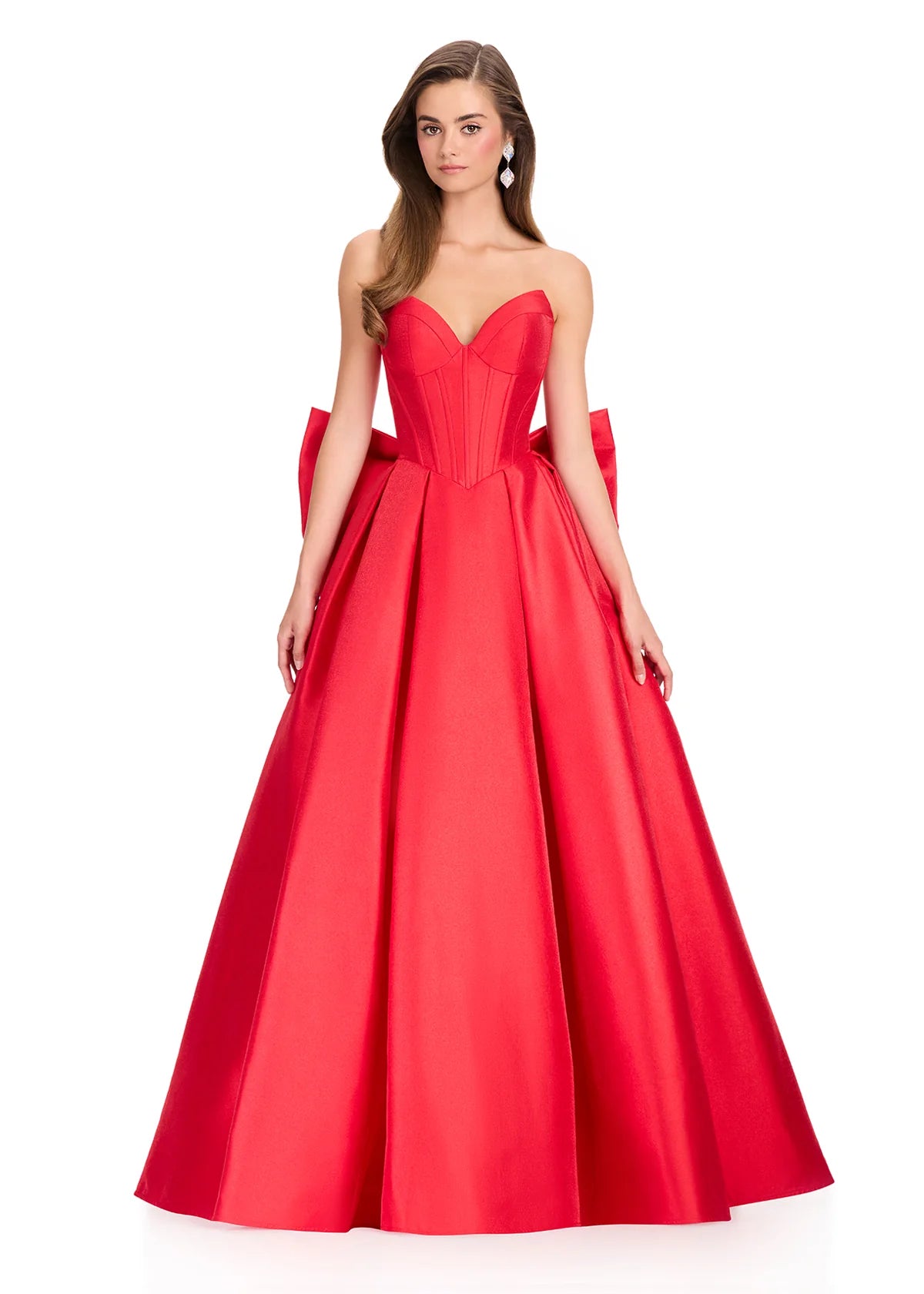 Red strapless gown on a white background