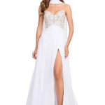 Woman wearing a white evening gown with a high slit on a white background