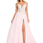 Woman wearing a pink evening gown with a high slit on a white background