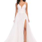 White evening gown with a deep neckline and side slit on a white background