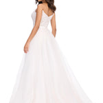 White wedding dress with lace detailing on a white background