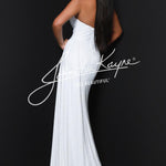 A woman modeling a floor-length white strapless gown with a fitted silhouette and long train, photographed against a dark studio background. A large 'Johnathan Kayne' watermark overlays the center.