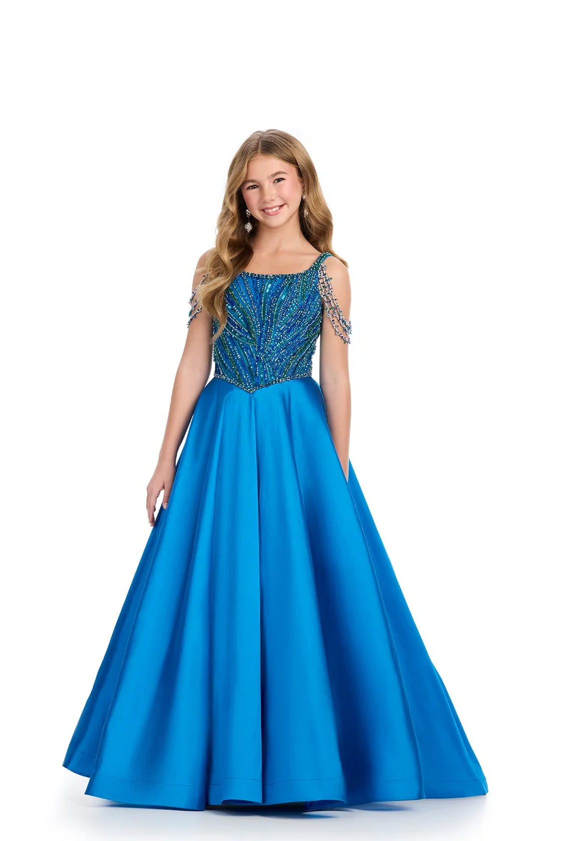 Blue evening gown with beaded top on a white background