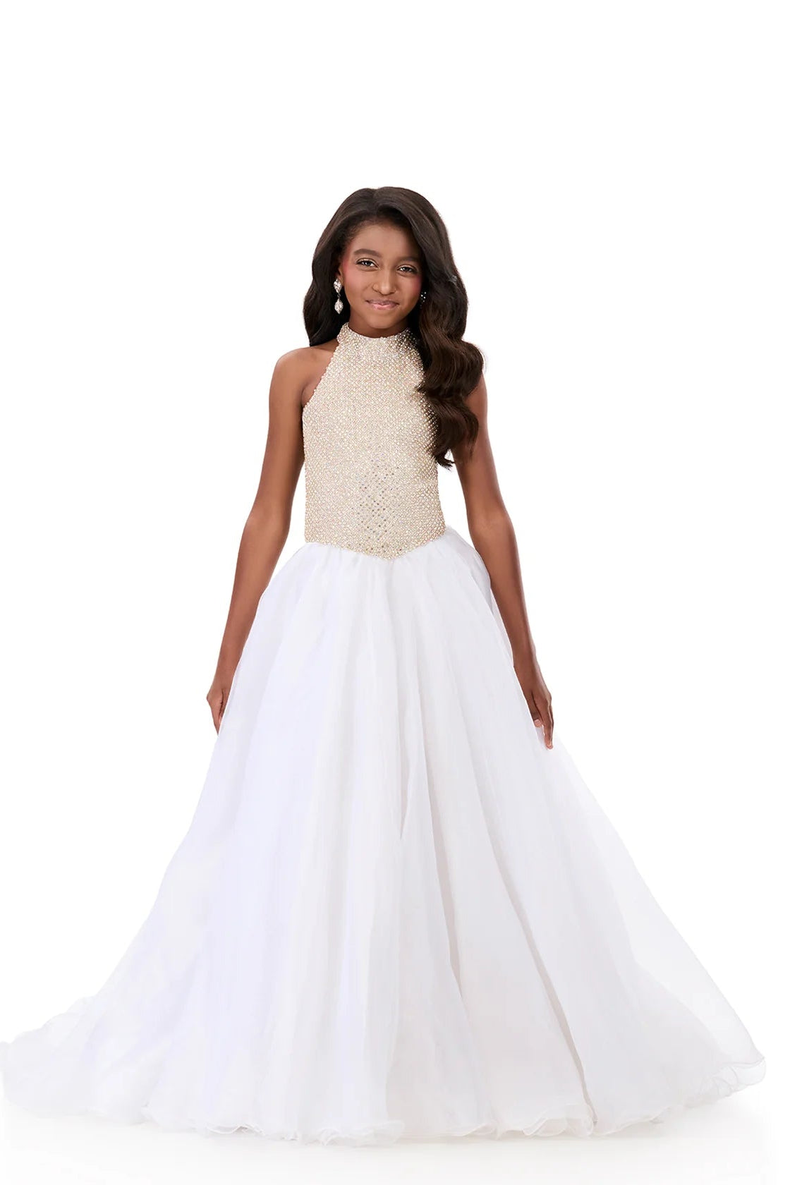 Woman wearing a white gown with a beaded top on a white background