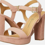 A pair of women's platform block-heel sandals in a dusty blush pink suede-like material, featuring cutout straps, an ankle strap with a gold-tone buckle, and a tan insole with the brand name Chinese Laundry' visible.