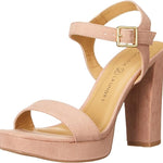 A single women's platform sandal with a high block heel, featuring a wide toe strap and an ankle strap with a gold buckle, in a dusty pink color.