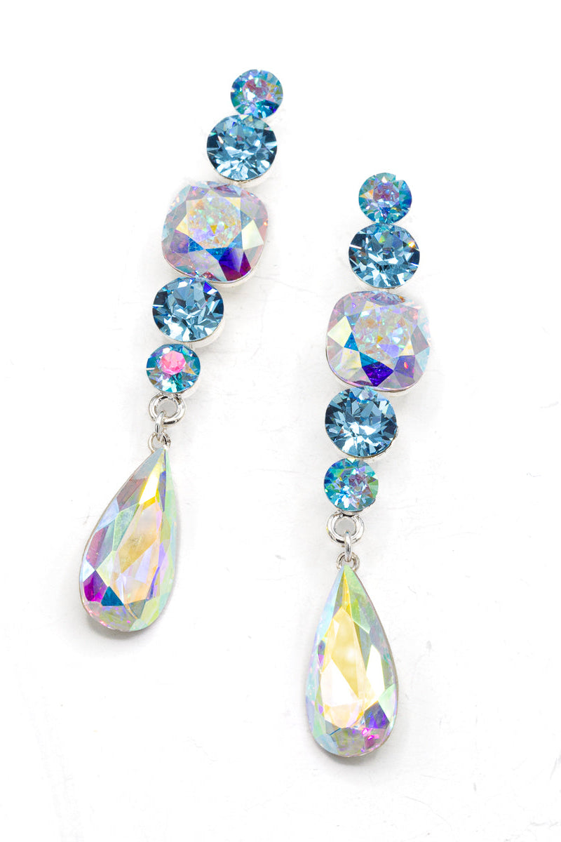 Multicolored AB and Aqua teardrop earrings on a white background