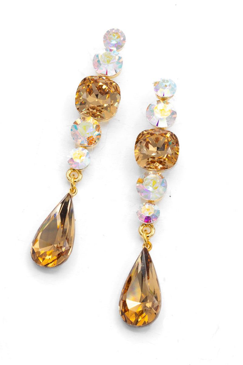 Pair of gold teardrop earrings with multicolored beads on a white background