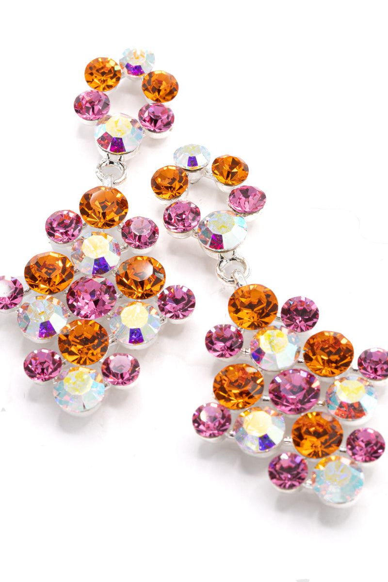 Multicolored gemstone earrings on a white background