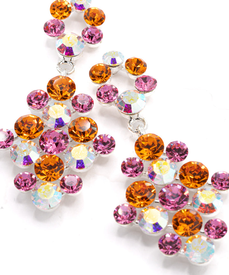 Multicolored gemstone earrings on a white background