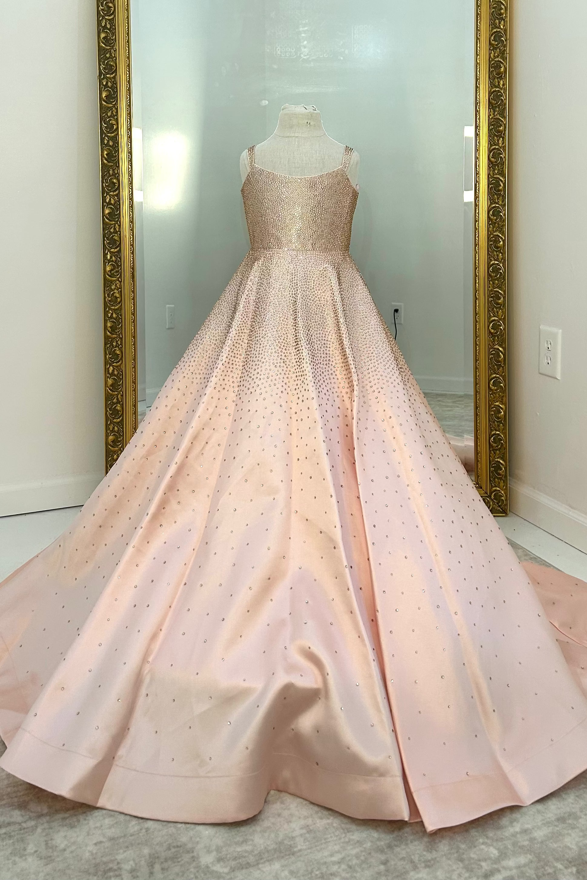 A sleeveless ball gown displayed on a mannequin in front of a large gold-framed mirror. The dress is a soft blush pink with a subtle dotted pattern and a structured bodice, set against a neutral indoor room background.