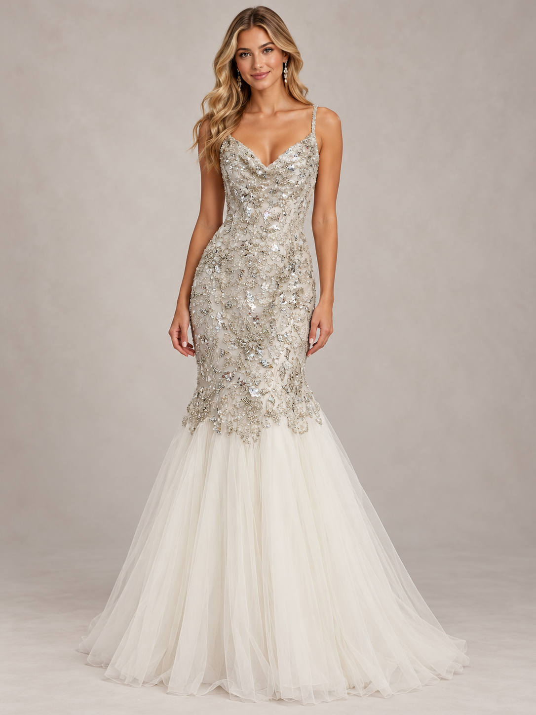 A woman modeling a fitted mermaid-style evening gown with a deep V-neckline, spaghetti straps, heavily embellished with silver and white sequins and beadwork, and a voluminous tulle skirt, against a neutral beige studio backdrop.