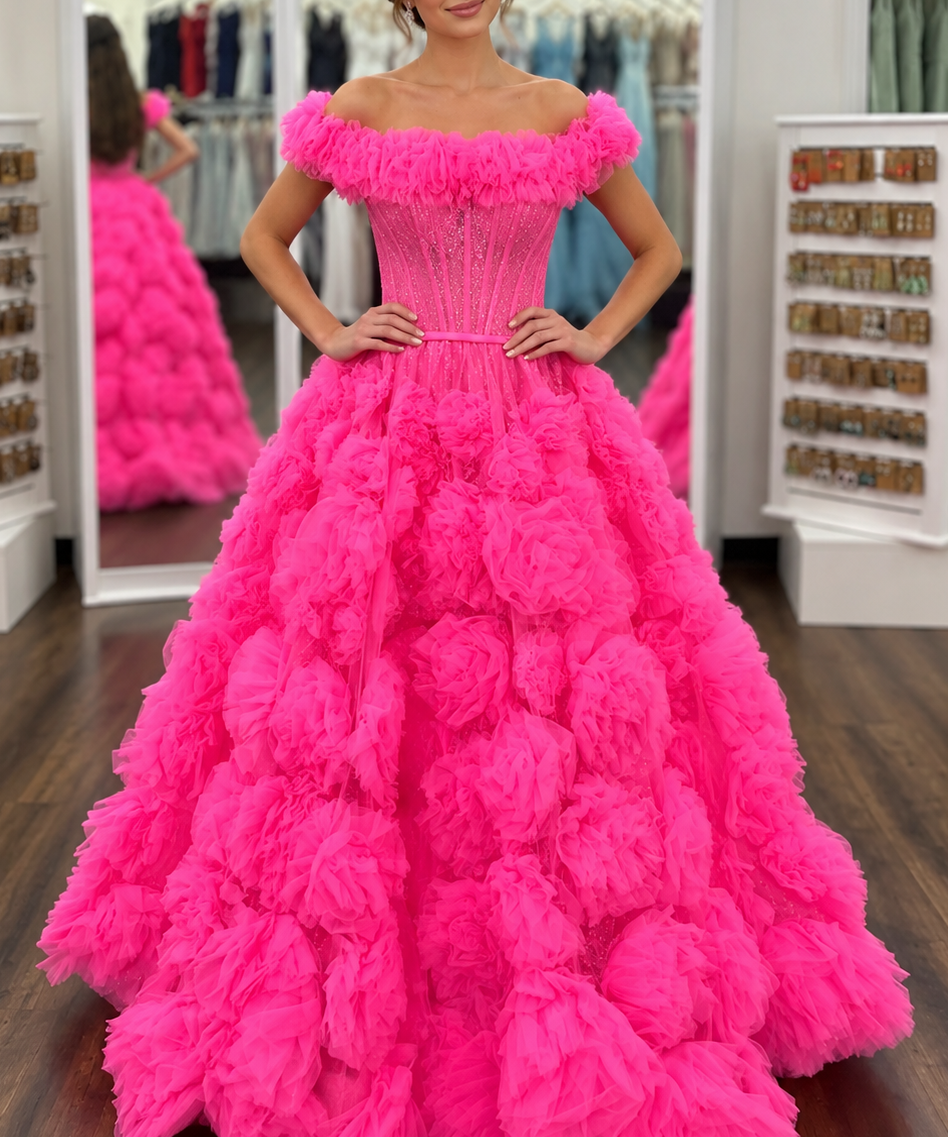 A woman modeling a bright hot pink off-the-shoulder ball gown with a structured corset-style bodice and a voluminous tiered ruffle skirt, standing in a bridal or formalwear boutique.