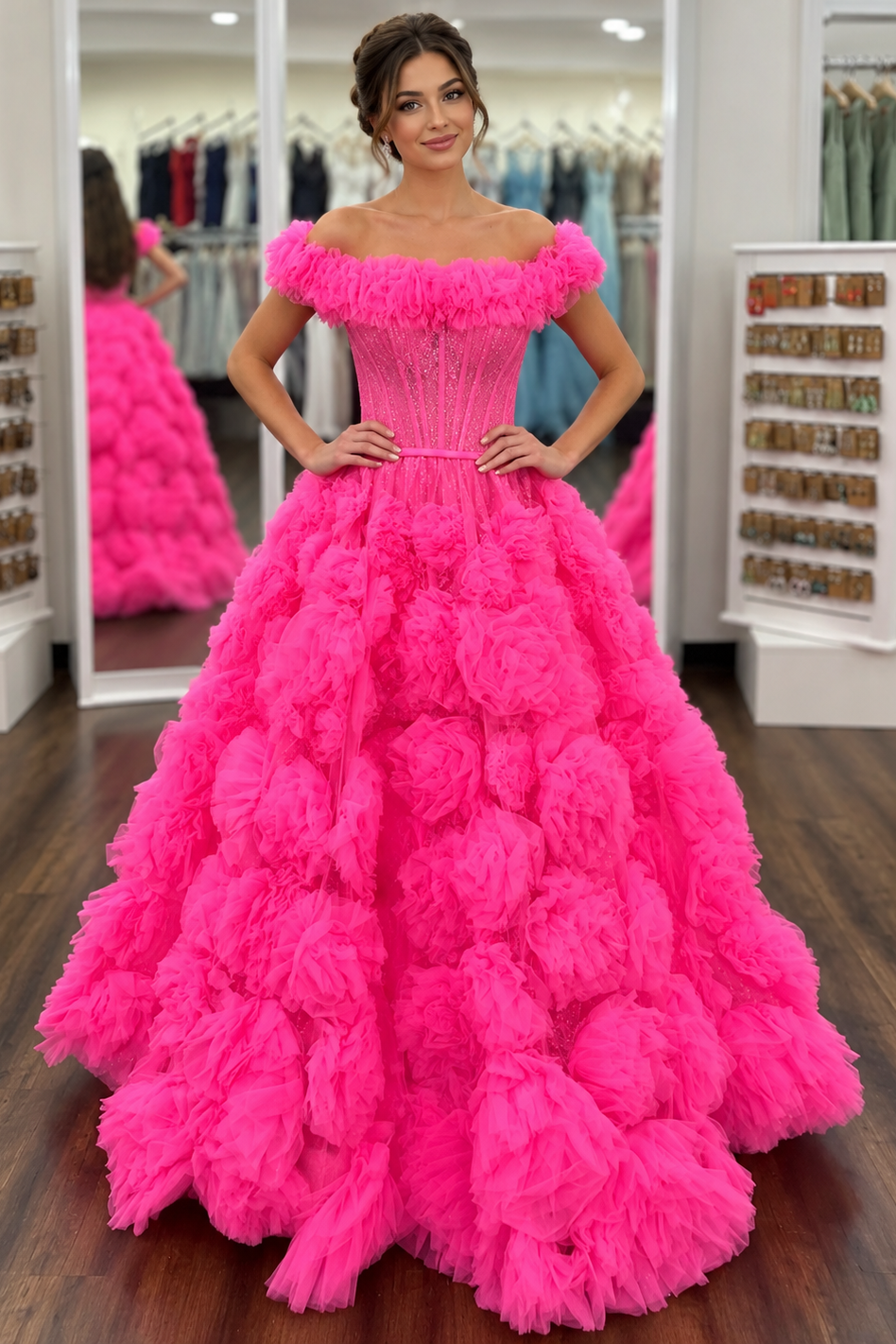 A woman modeling a bright hot pink off-the-shoulder ball gown with a structured corset-style bodice and a voluminous tiered ruffle skirt, standing in a bridal or formalwear boutique.