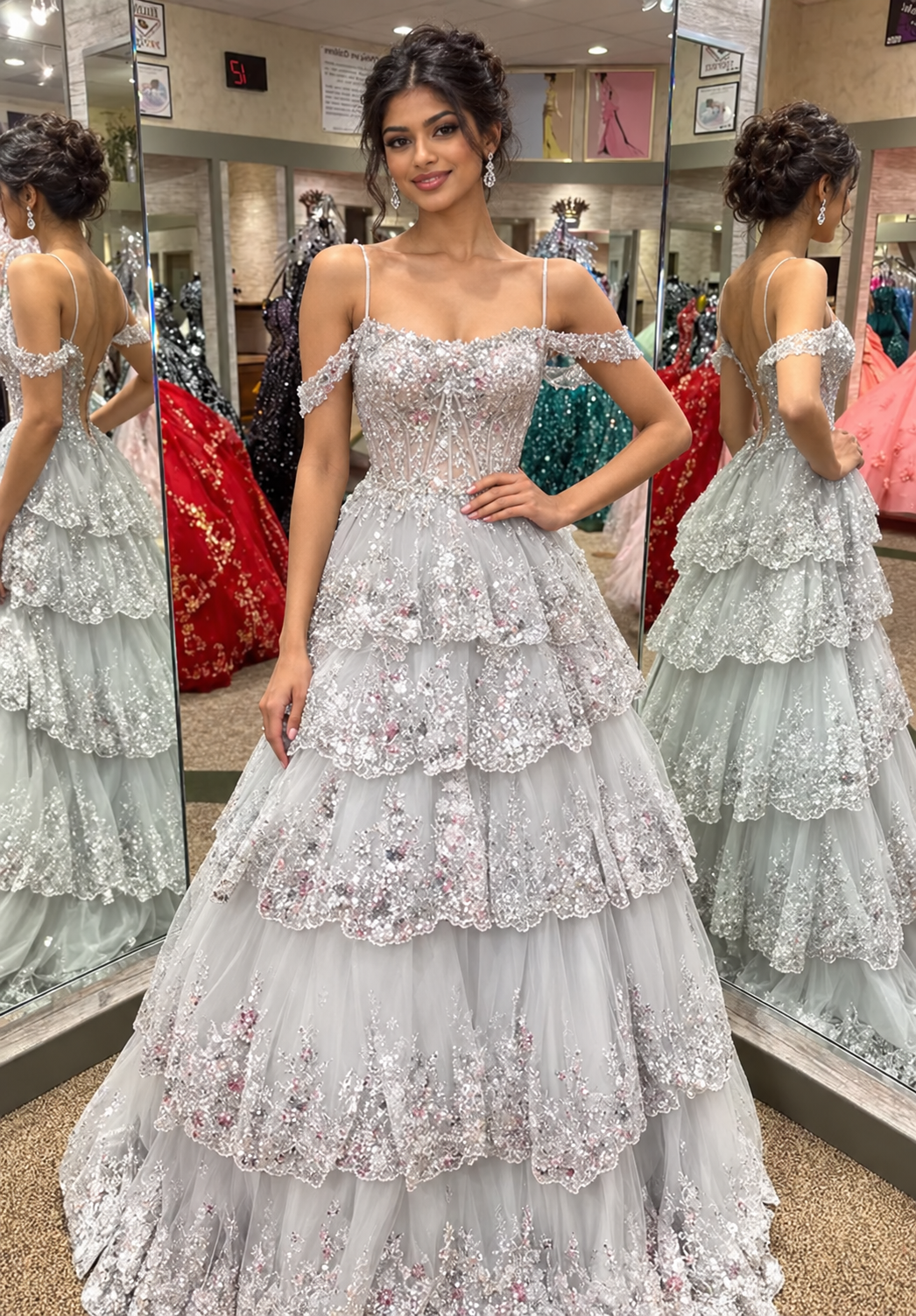 A woman modeling a formal ball gown in a bridal or quinceañera salon, with mirror reflections showing the back of the dress. The dress is a light silver-gray tulle with intricate floral lace appliques and beaded embellishments.