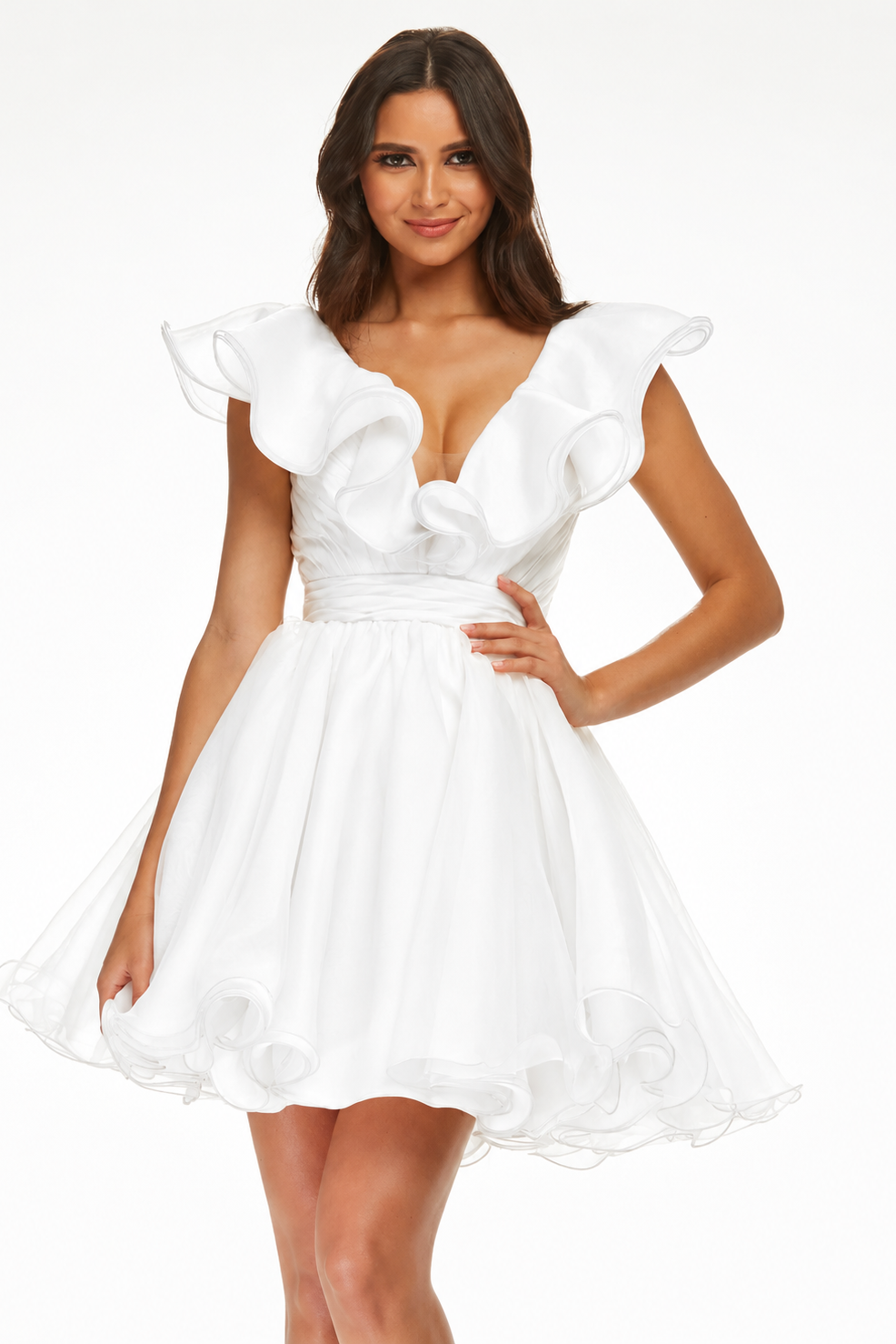 White ruffle sleeve cocktail dress