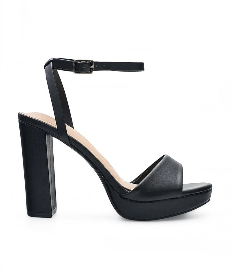 RSG Formals DeBlossom Jane black open-toe heels with a sturdy block heel and adjustable ankle strap.