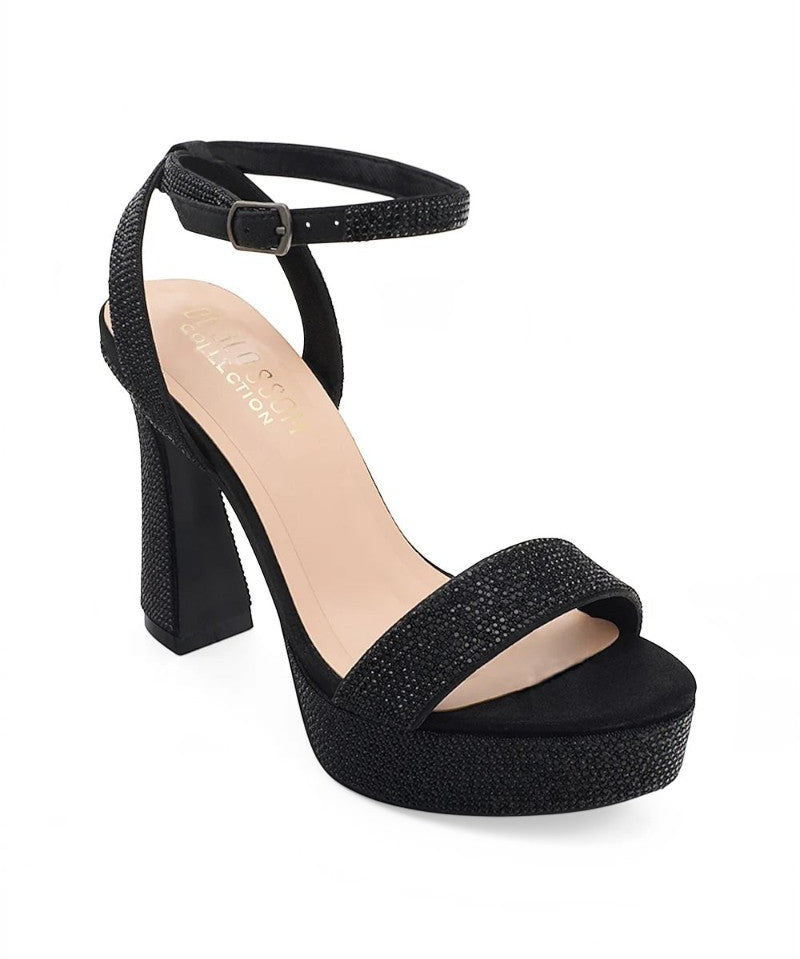RSG Formals DeBlossom Regina black shimmer platform heels with an open toe, block heel, and adjustable ankle strap.
