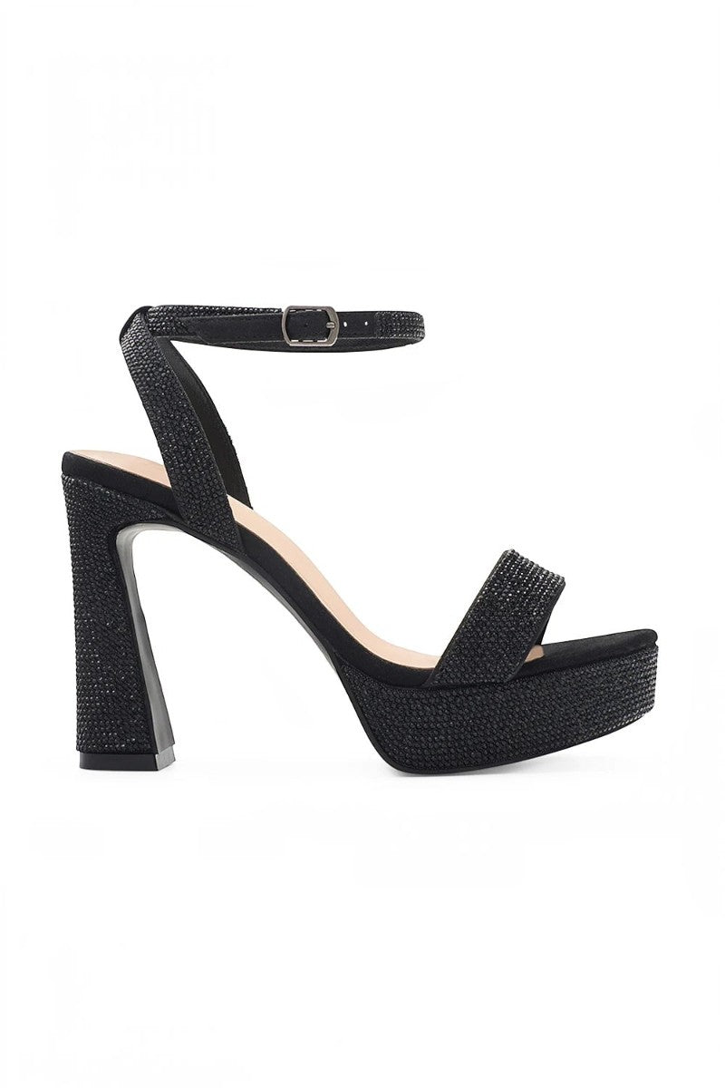RSG Formals DeBlossom Regina black shimmer platform heels with an open toe, block heel, and adjustable ankle strap.