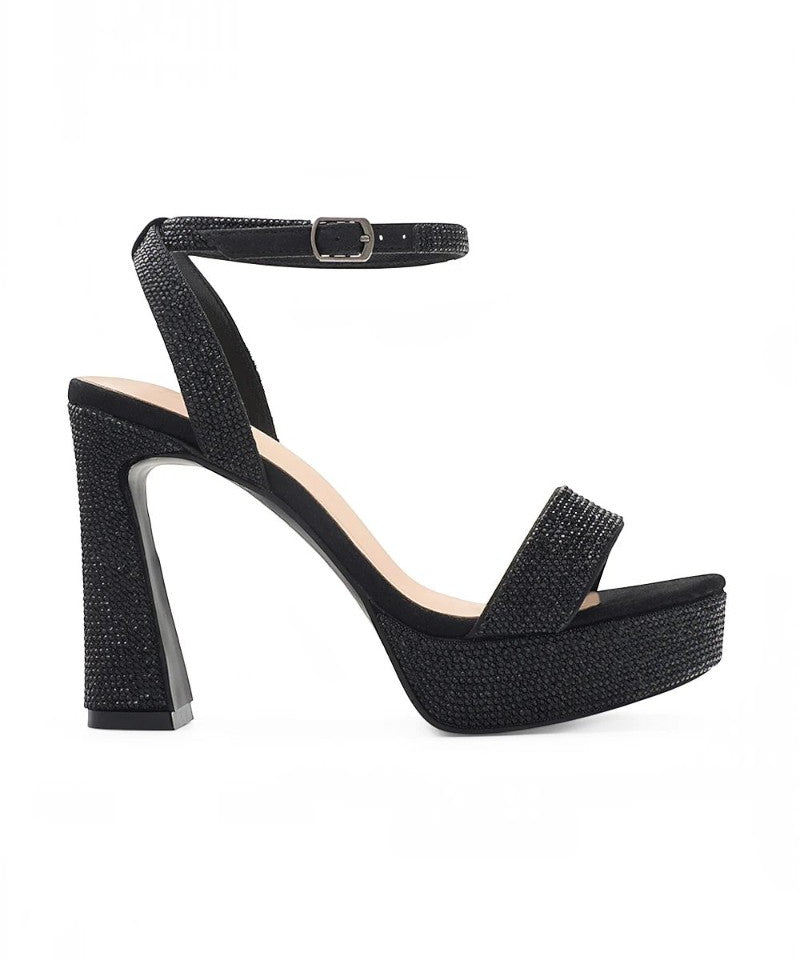 RSG Formals DeBlossom Regina black shimmer platform heels with an open toe, block heel, and adjustable ankle strap.