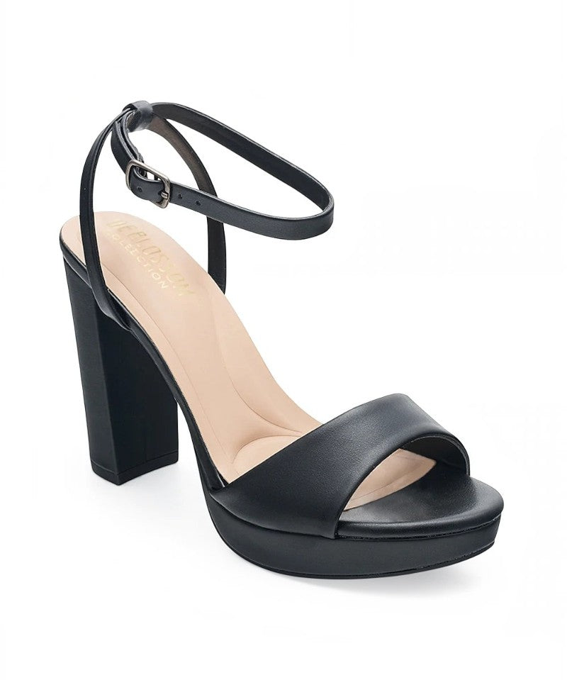 RSG Formals DeBlossom Jane black open-toe heels with an adjustable ankle strap and sturdy block heel.