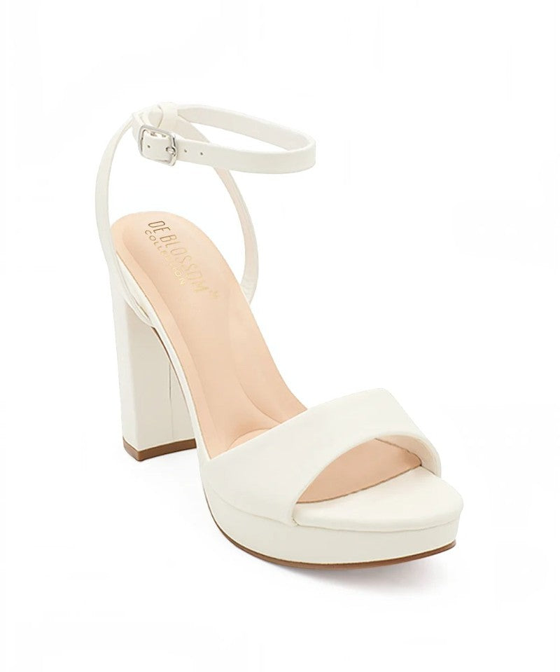 RSG Formals DeBlossom Jane white open-toe block heels with an adjustable ankle strap and matte finish