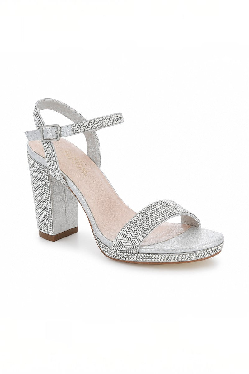 RSG Formals DeBlossom Morita silver shimmer block heel sandals with ankle strap and open toe for formal occasions.
