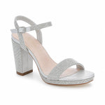 RSG Formals DeBlossom Morita silver shimmer block heel sandals with ankle strap and open toe for formal occasions.