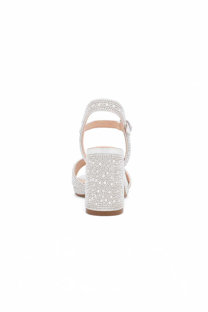 RSG Formals DeBlossom Nelly white shimmer block heel sandal with all-over rhinestone embellishment, back view