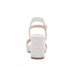 RSG Formals DeBlossom Nelly white shimmer block heel sandal with all-over rhinestone embellishment, back view