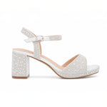 RSG Formals DeBlossom Nelly white shimmer block heel sandals with rhinestone embellishments and ankle strap