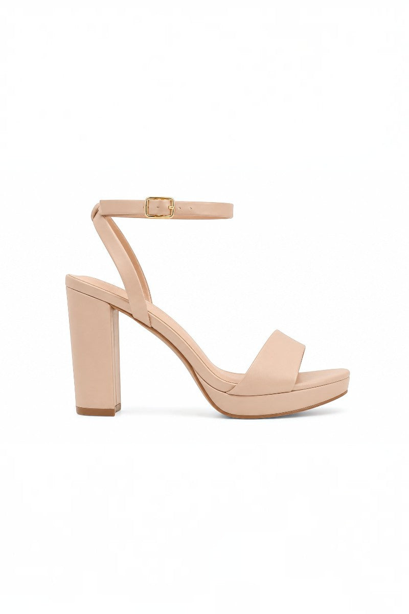 RSG Formals DeBlossom Jane nude open-toe heels with a block heel and adjustable ankle strap in a matte finish.