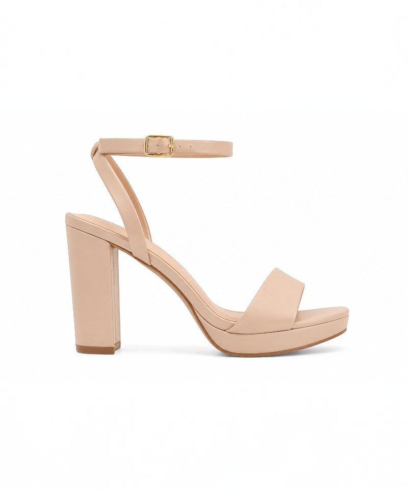 RSG Formals DeBlossom Jane nude open-toe heels with a block heel and adjustable ankle strap in a matte finish.