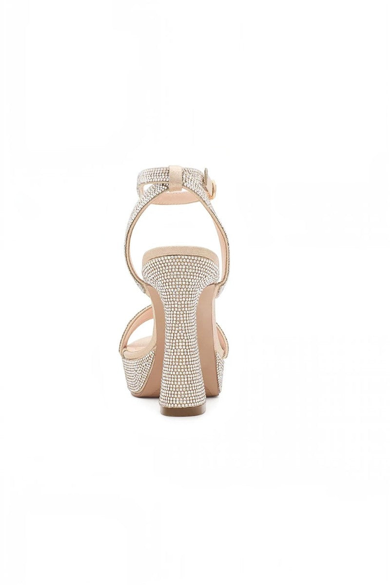 RSG Formals DeBlossom Regina nude shimmer block heels with rhinestone embellishments and adjustable ankle strap