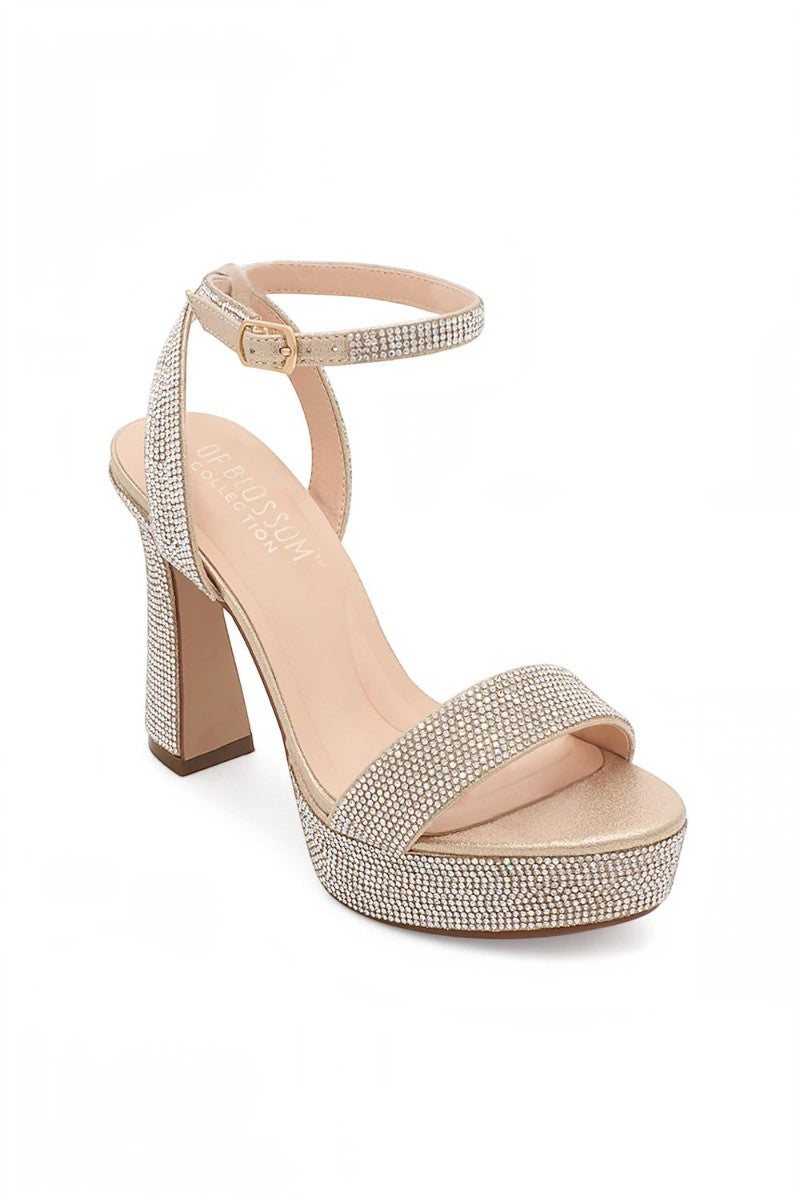 RSG Formals DeBlossom Regina nude shimmer block heels with rhinestone embellishments and adjustable ankle strap.