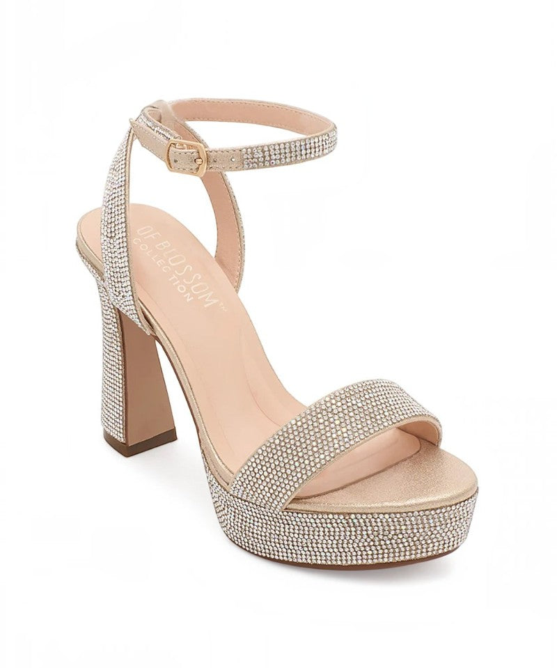 RSG Formals DeBlossom Regina nude shimmer block heels with rhinestone embellishments and adjustable ankle strap.