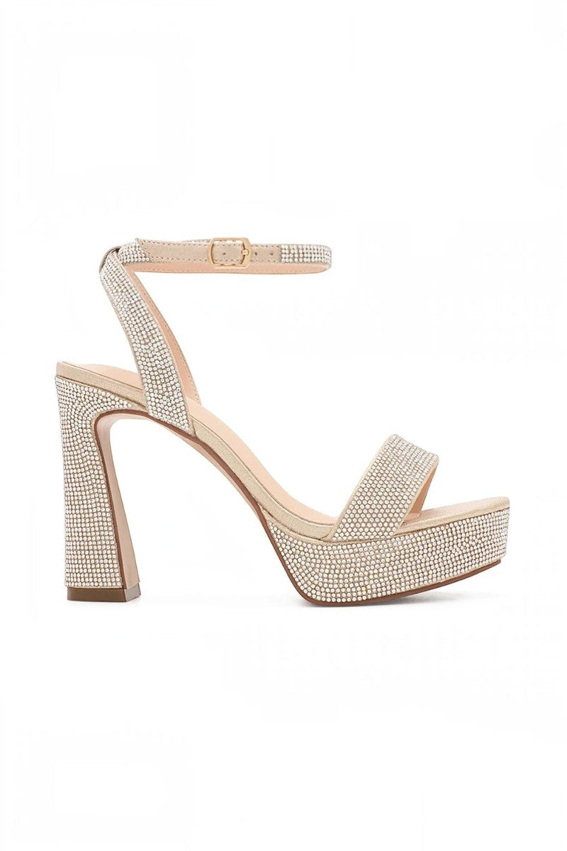 RSG Formals nude shimmer platform heels with rhinestone embellishments, block heel, and adjustable ankle strap.