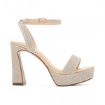 RSG Formals nude shimmer platform heels with rhinestone embellishments, block heel, and adjustable ankle strap.