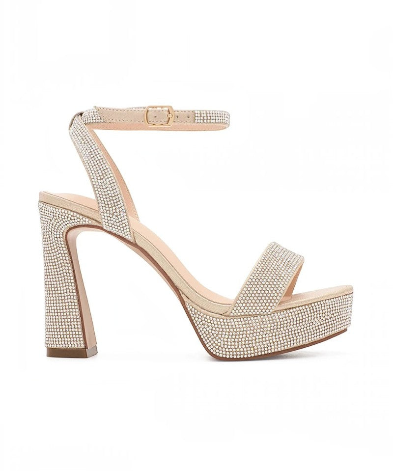 RSG Formals nude shimmer platform heels with rhinestone embellishments, block heel, and adjustable ankle strap.