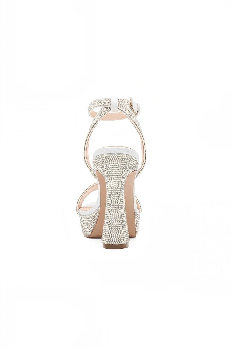 RSG Formals DeBlossom Regina silver shimmer block heels with rhinestone embellishments and adjustable ankle strap.