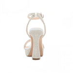 RSG Formals DeBlossom Regina silver shimmer block heels with rhinestone embellishments and adjustable ankle strap.