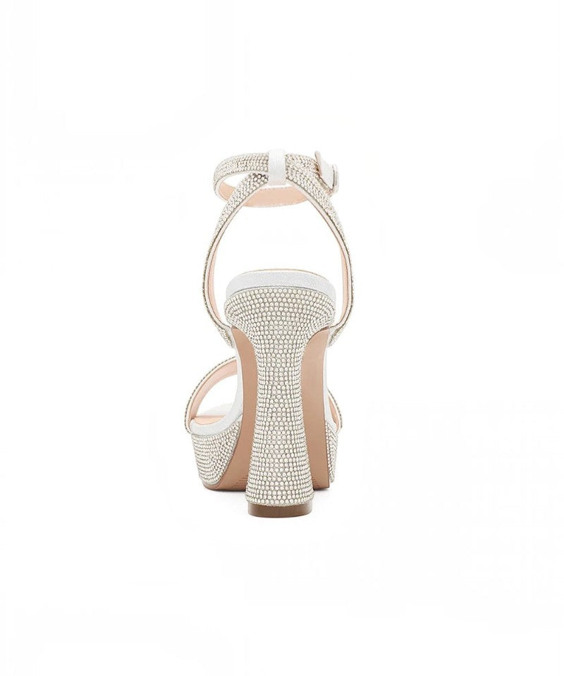 RSG Formals DeBlossom Regina silver shimmer block heels with rhinestone embellishments and adjustable ankle strap.
