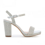 RSG Formals DeBlossom Morita silver shimmer block heel sandals with ankle strap and platform for formal occasions.