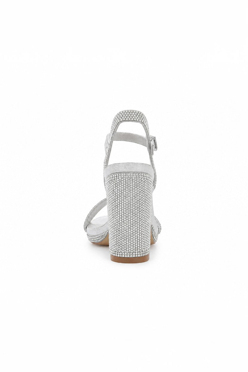 RSG Formals DeBlossom Morita silver shimmer block heels with rhinestone detailing on the heel and ankle strap.