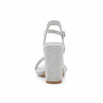 RSG Formals DeBlossom Morita silver shimmer block heels with rhinestone detailing on the heel and ankle strap.